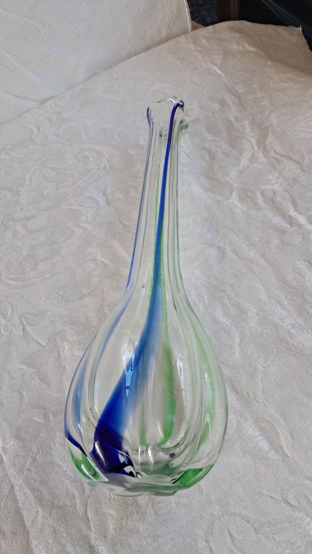 Vintage Murano glass filigree soliflore vase in blue and green.