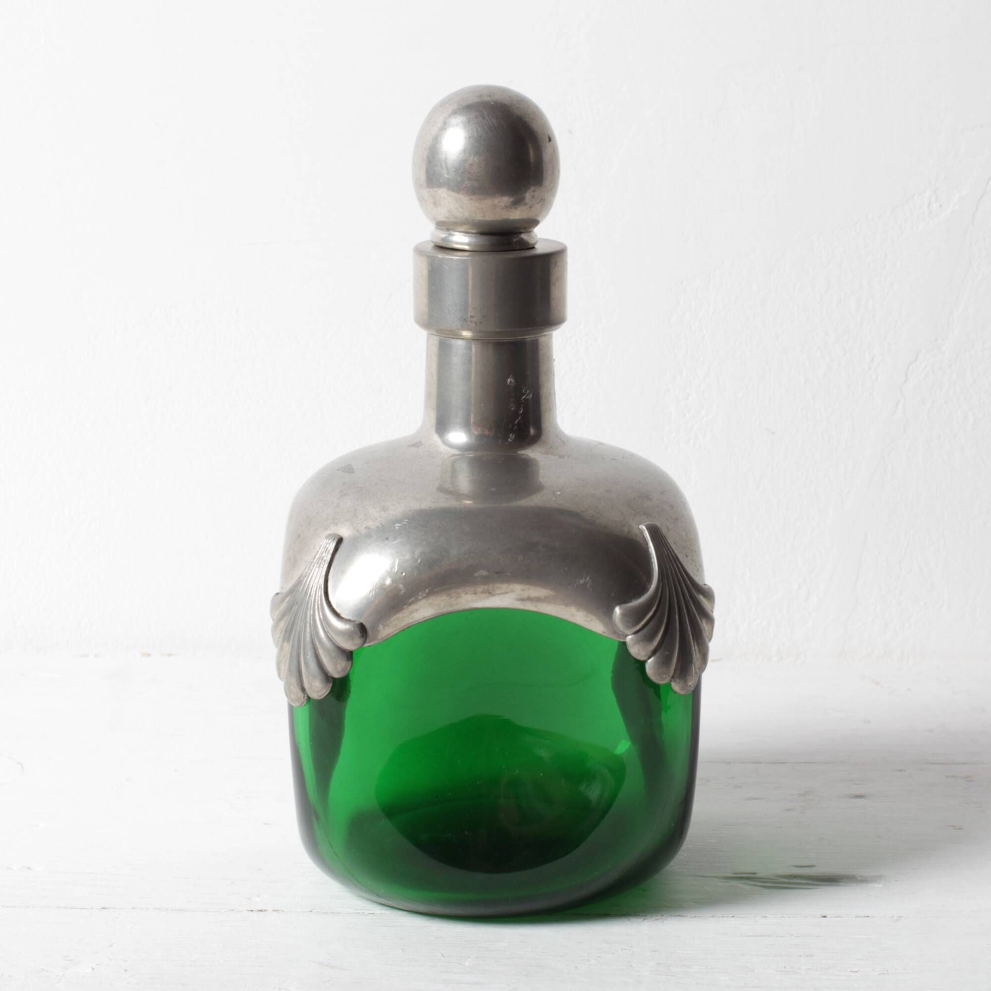 Art Nouveau Green Glass Decanter with Pewter Elements / France / 1960s