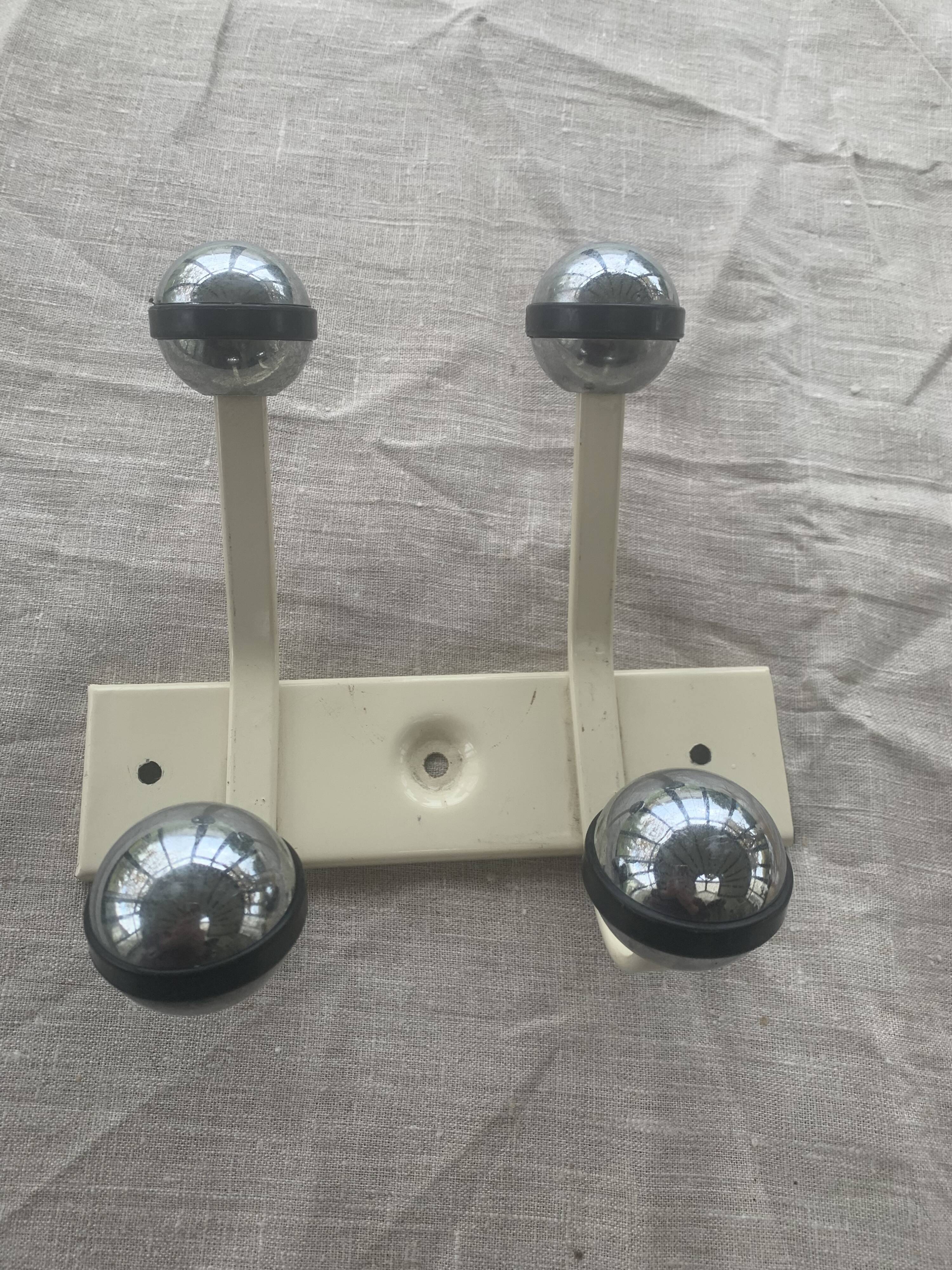 Industrial wall coat rack two hooks in white lacquered metal and vintage silver 1970