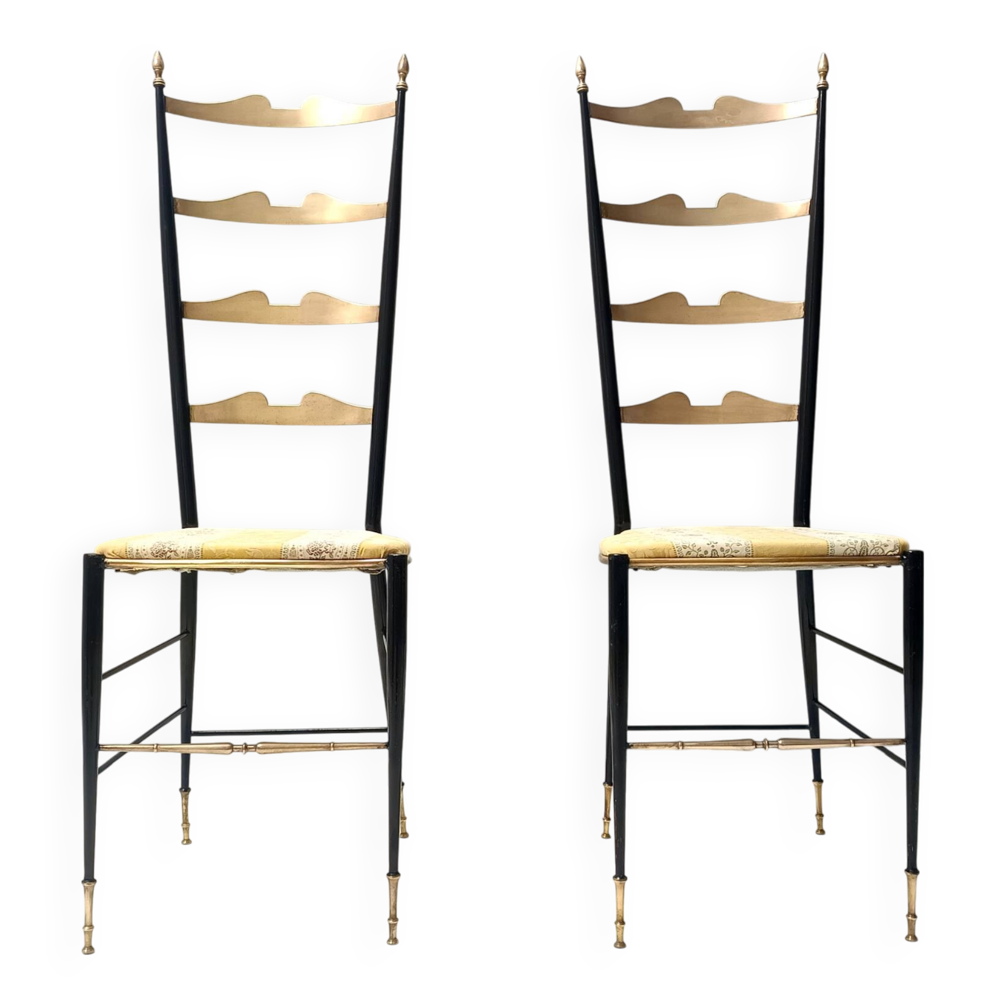 Pair of Vintage Brass and Metal Chiavarine Chairs with Yellow Fabric, Italy