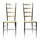 Pair of Vintage Brass and Metal Chiavarine Chairs with Yellow Fabric, Italy