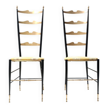 Pair of Vintage Brass and Metal Chiavarine Chairs with Yellow Fabric, Italy