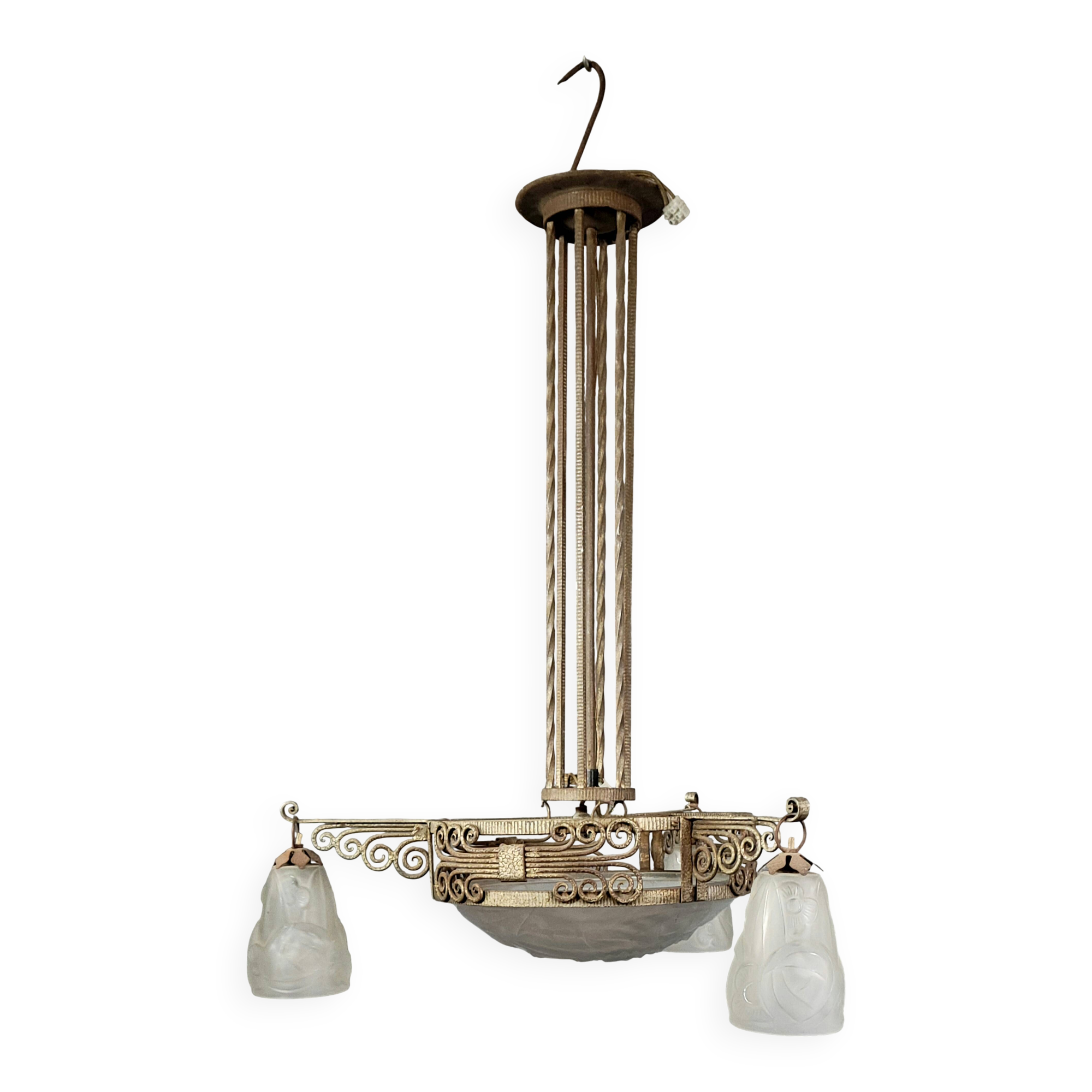 Large Art Deco chandelier, made of finely wrought wrought iron.