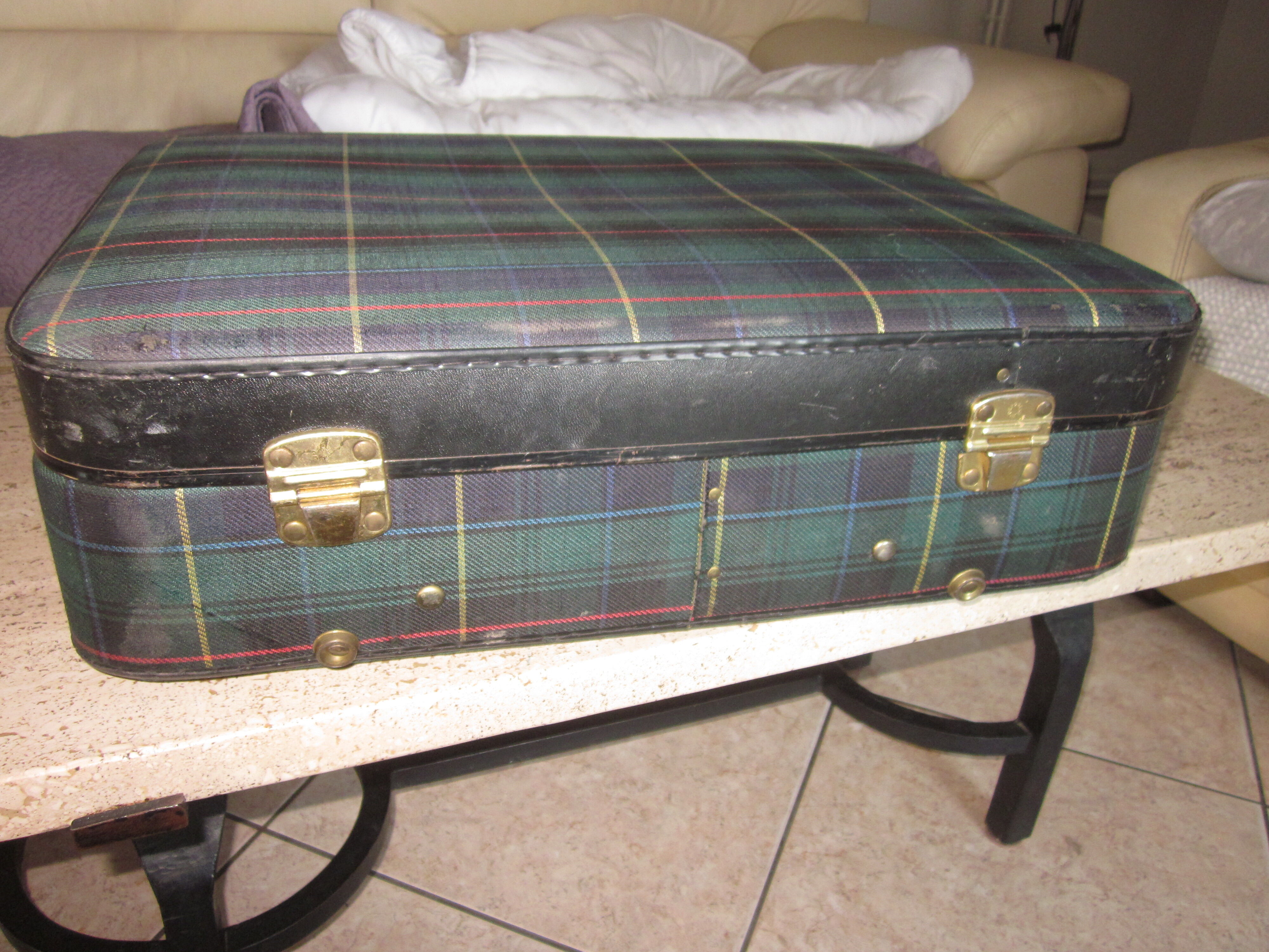 Vintage suitcase scottish fabric