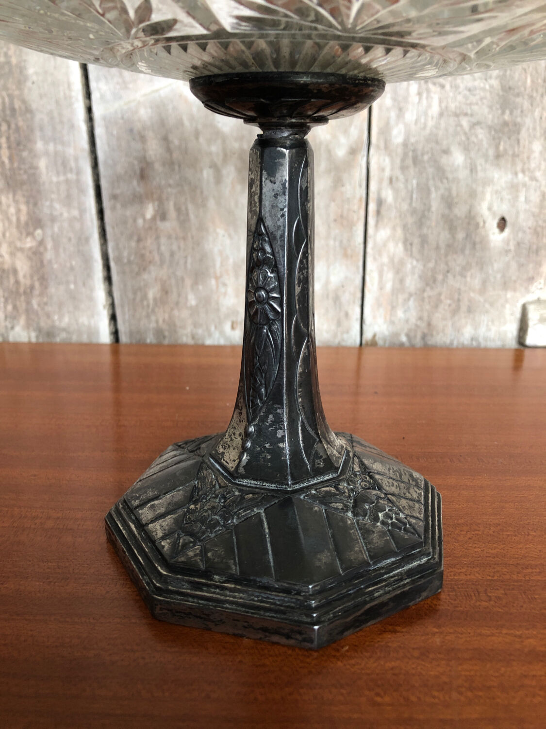 Old centerpiece cut art deco glass + foot silver metal vintage #a285