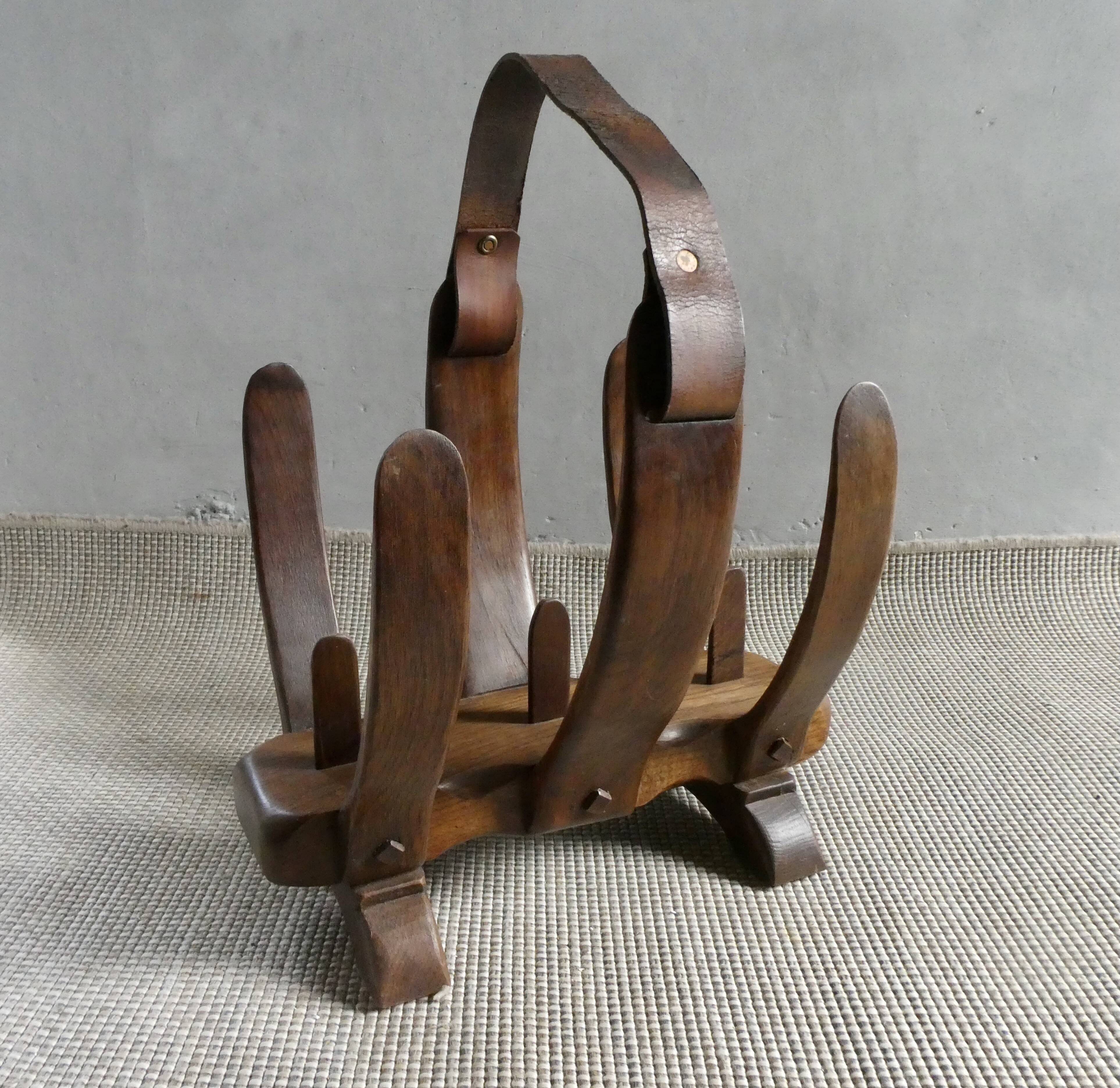 Oak and leather magazine rack, 60s-70s