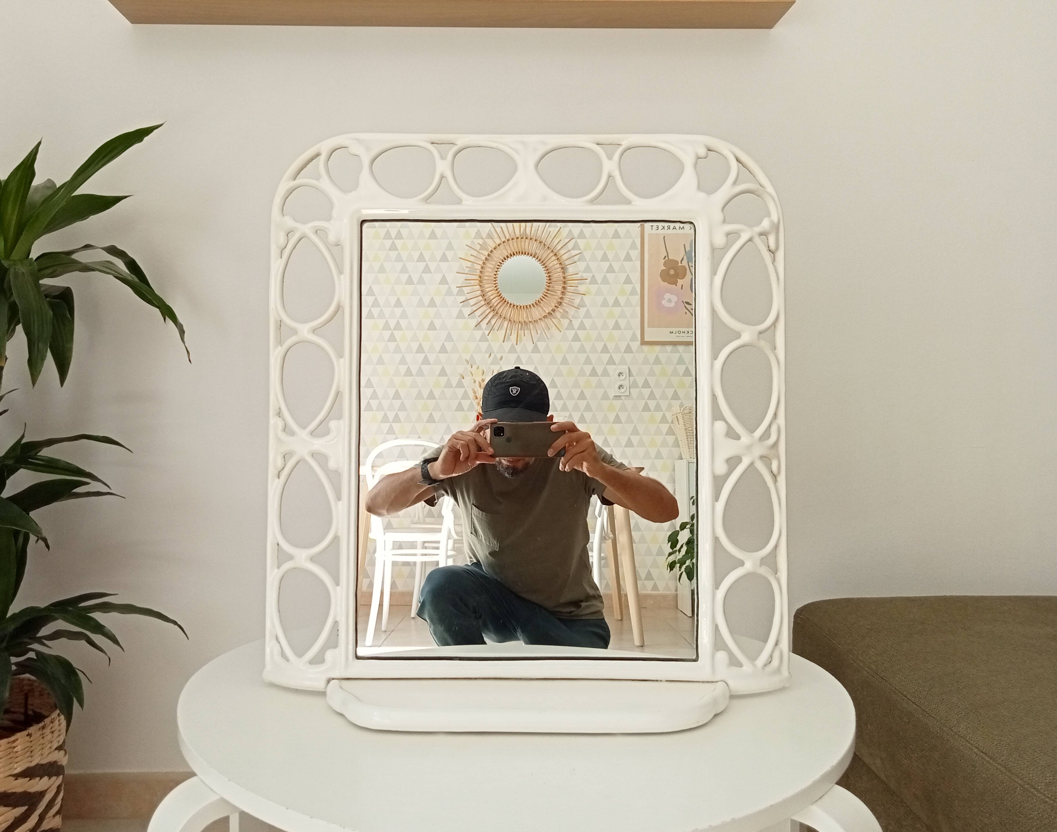 Antique 1930s enamelled cast iron shelf mirror