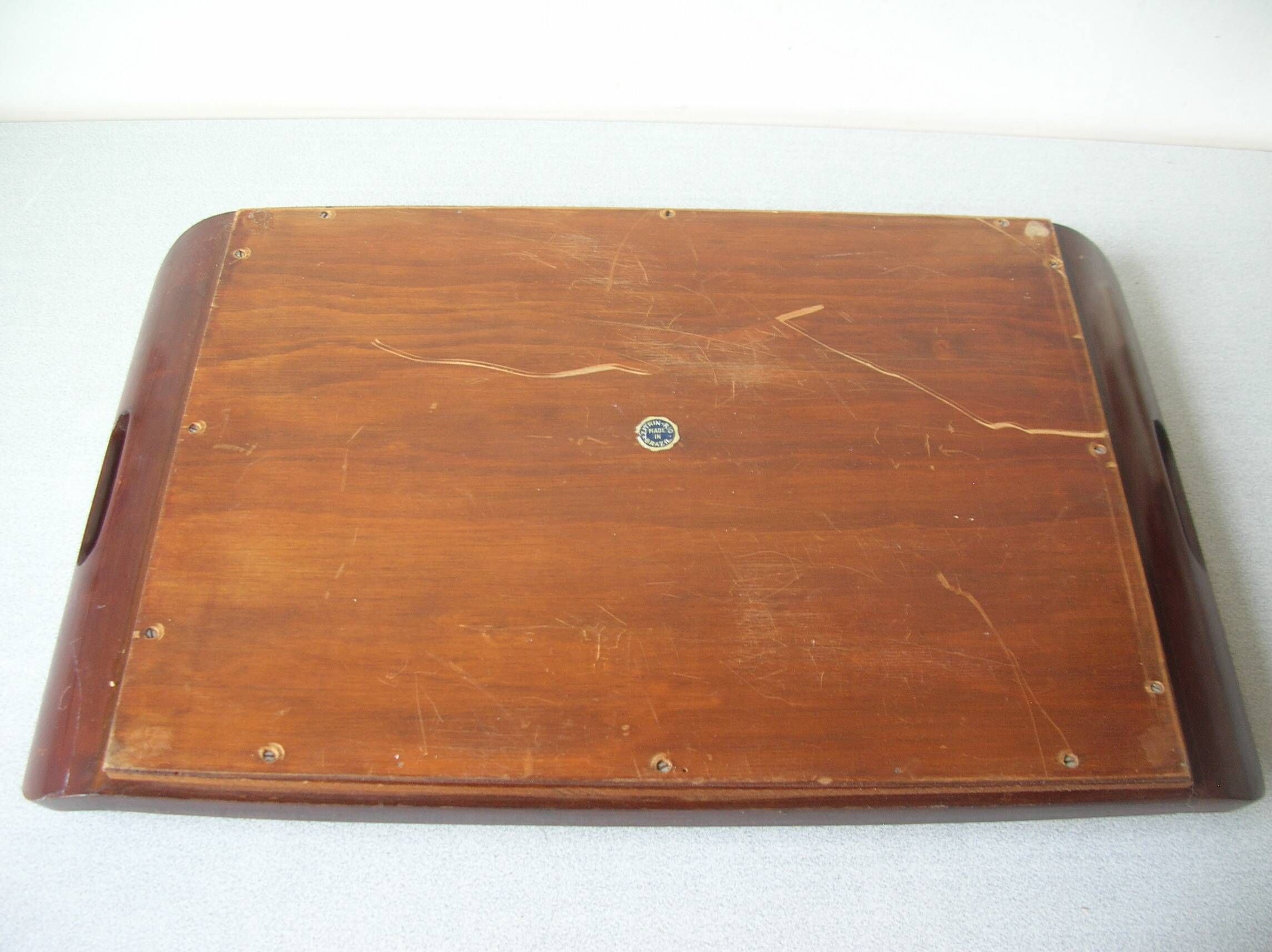 Old wooden serving tray with marquetry and real butterflies from Brazil