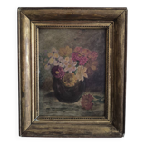 Oil on cardboard signed "Still life with bouquet of flowers" gilded wooden frame