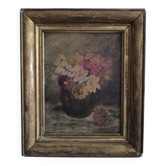 Oil on cardboard signed "Still life with bouquet of flowers" gilded wooden frame