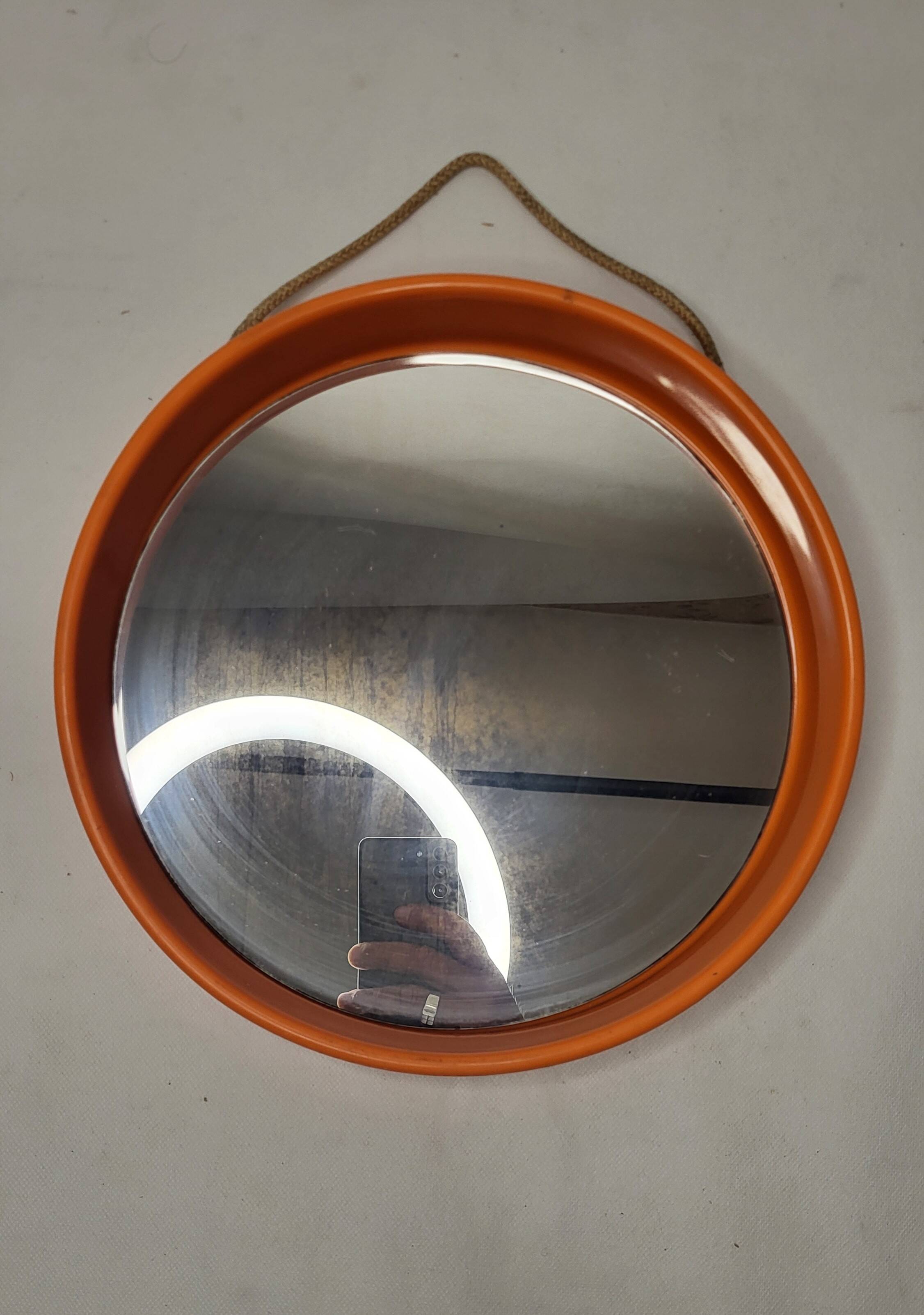 Vintage round mirror 70s / orange plastic