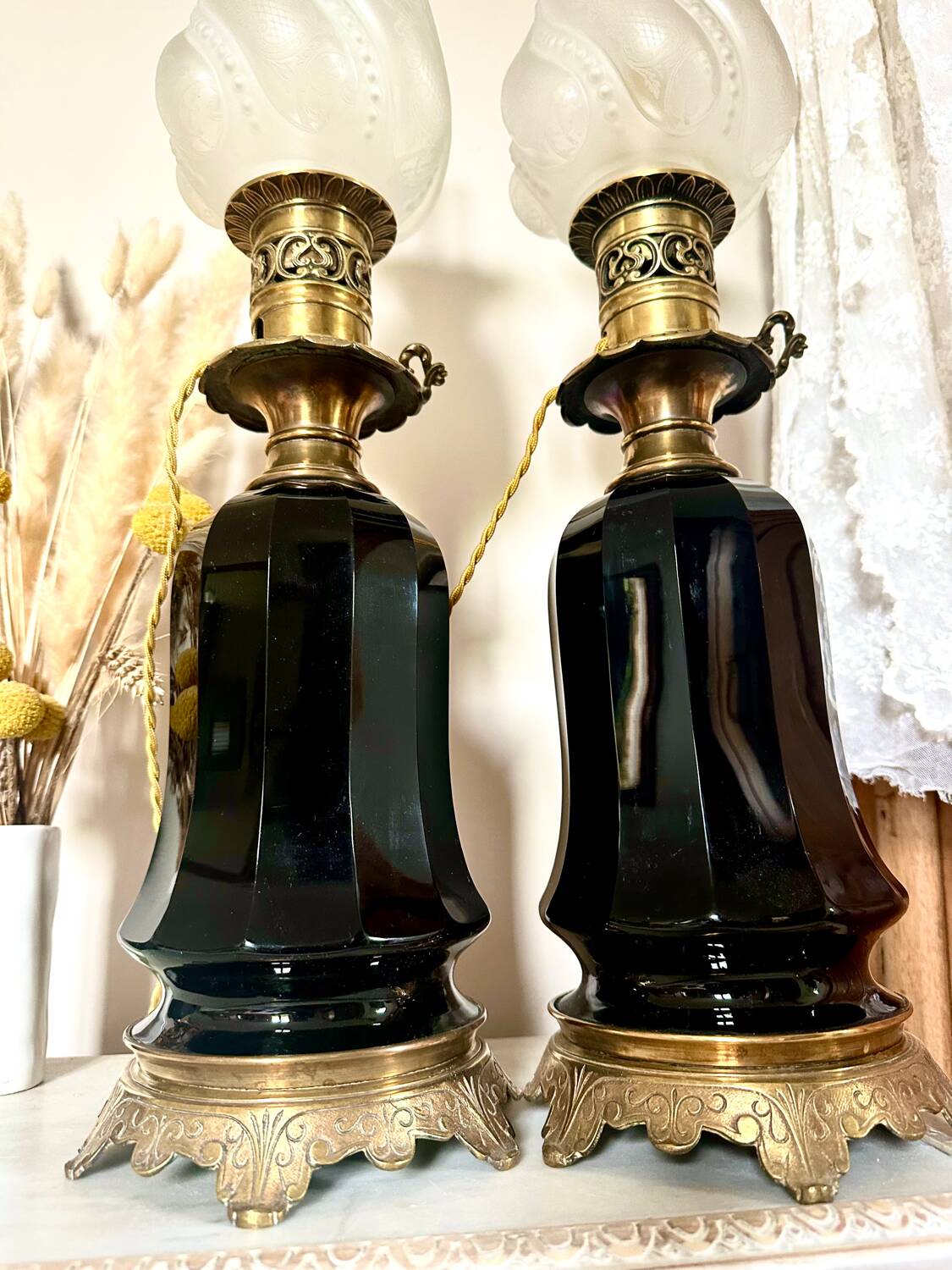 Pair of Napoleon III bronze and glass lamps