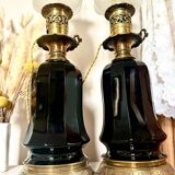 Pair of Napoleon III bronze and glass lamps