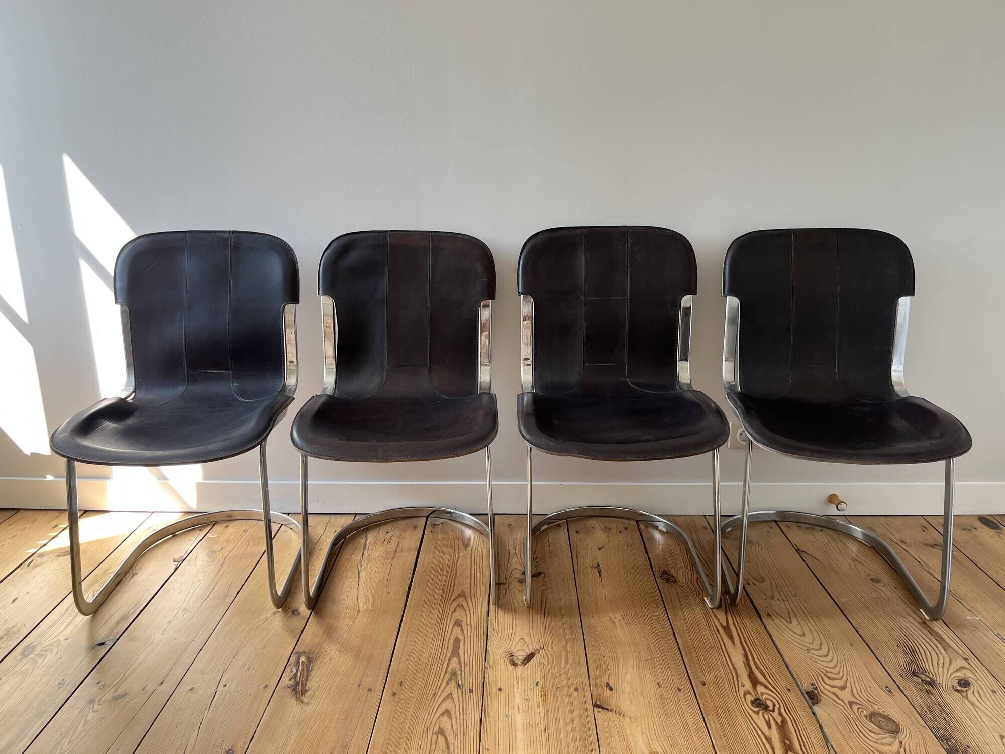 4 c2 chairs by cidue italy, in chrome metal and dark brown leather. 1970s.