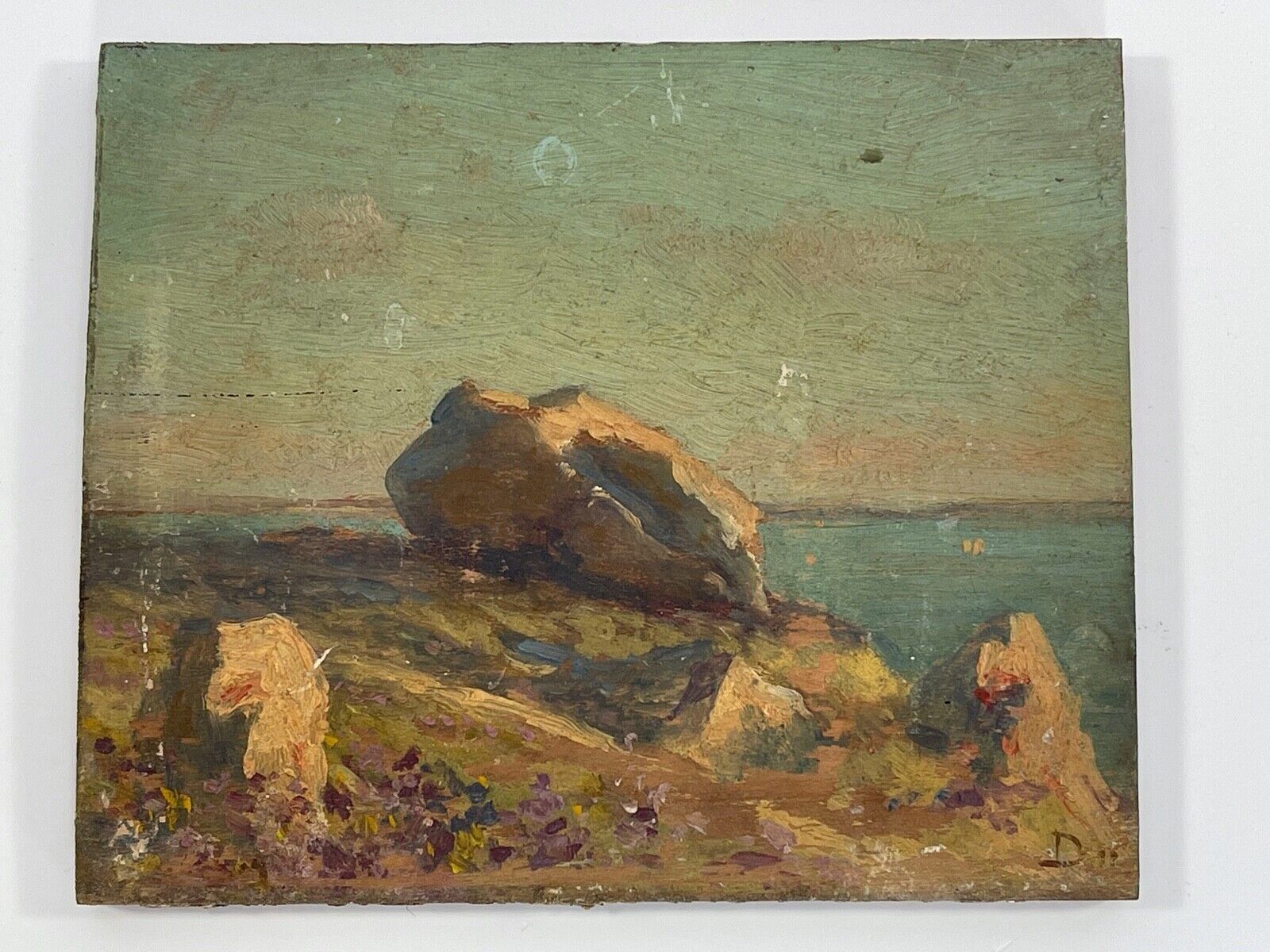 Oil on wood panel marine theme XlXth view of brittany