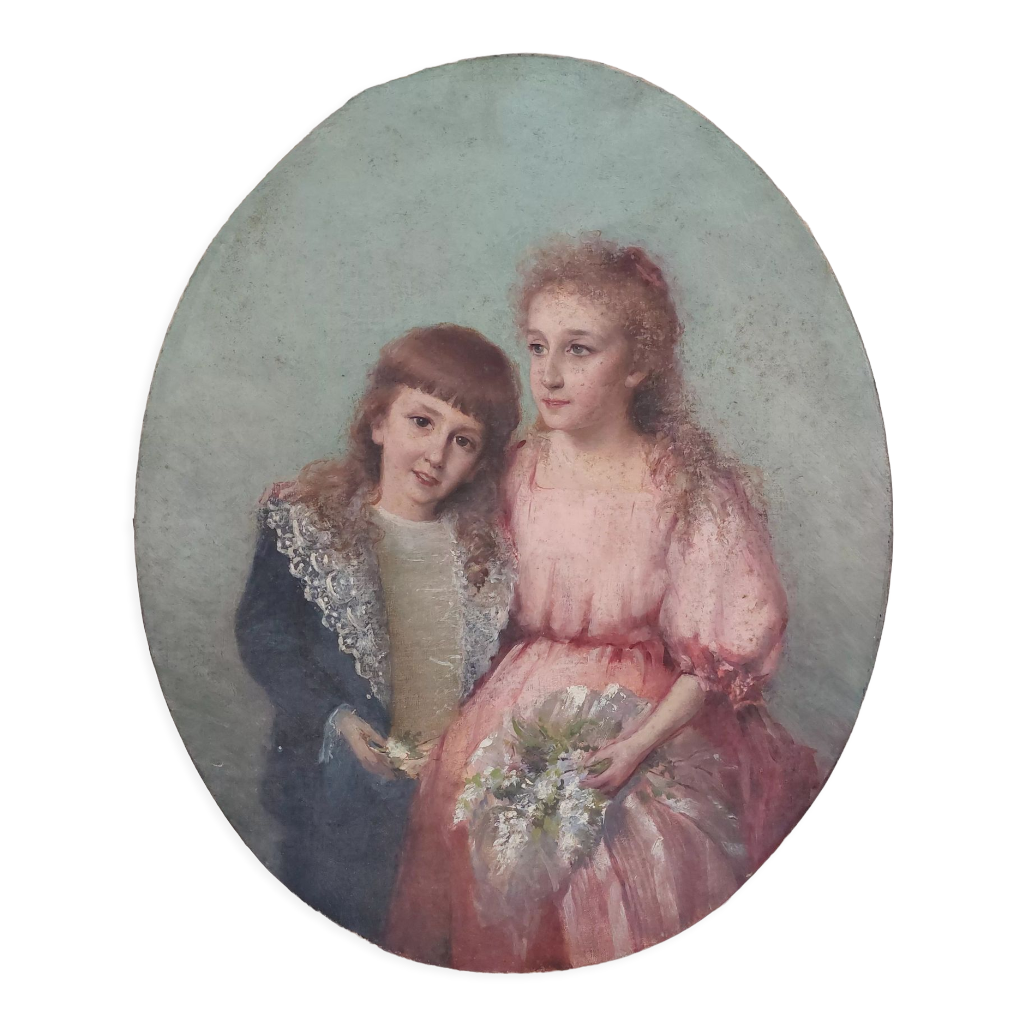 Portrait painting to young girls oil on canvas 19th