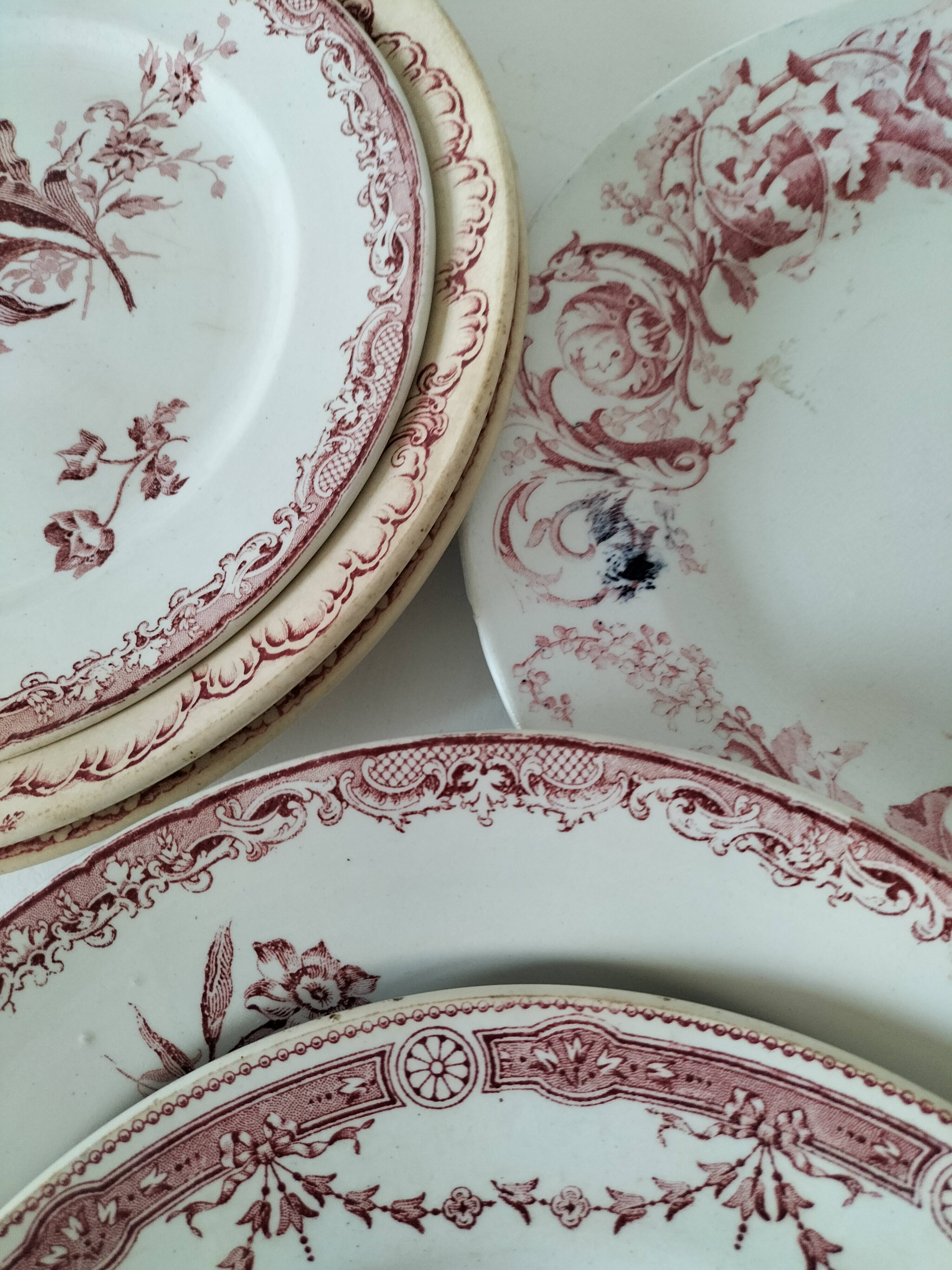 6 assiettes anciennes terre de fer rose dépareillées