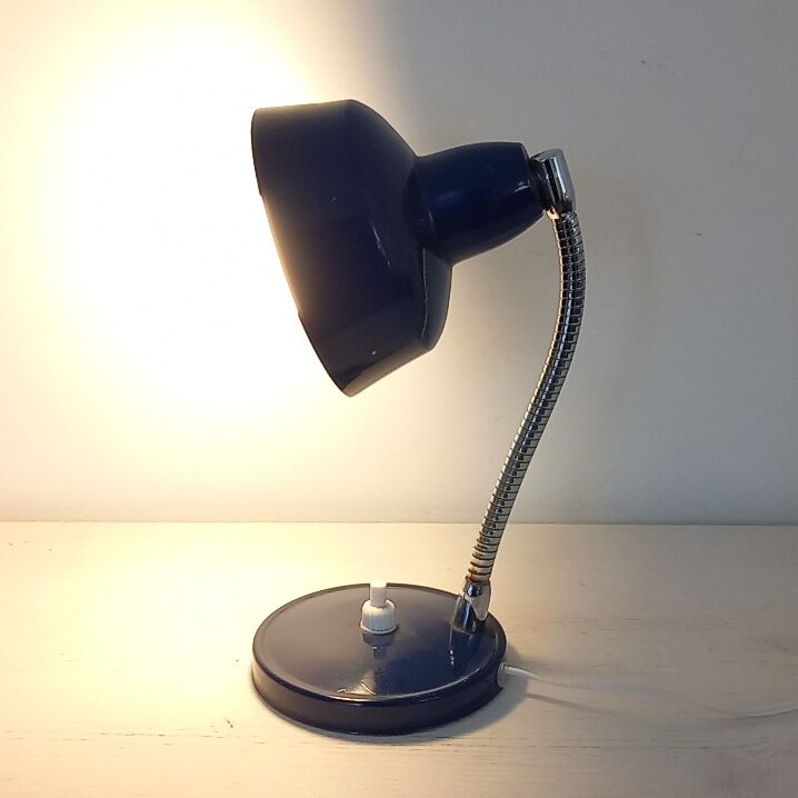 Flexible bedside lamp in blue lacquered sheet metal and stainless steel, 70s.