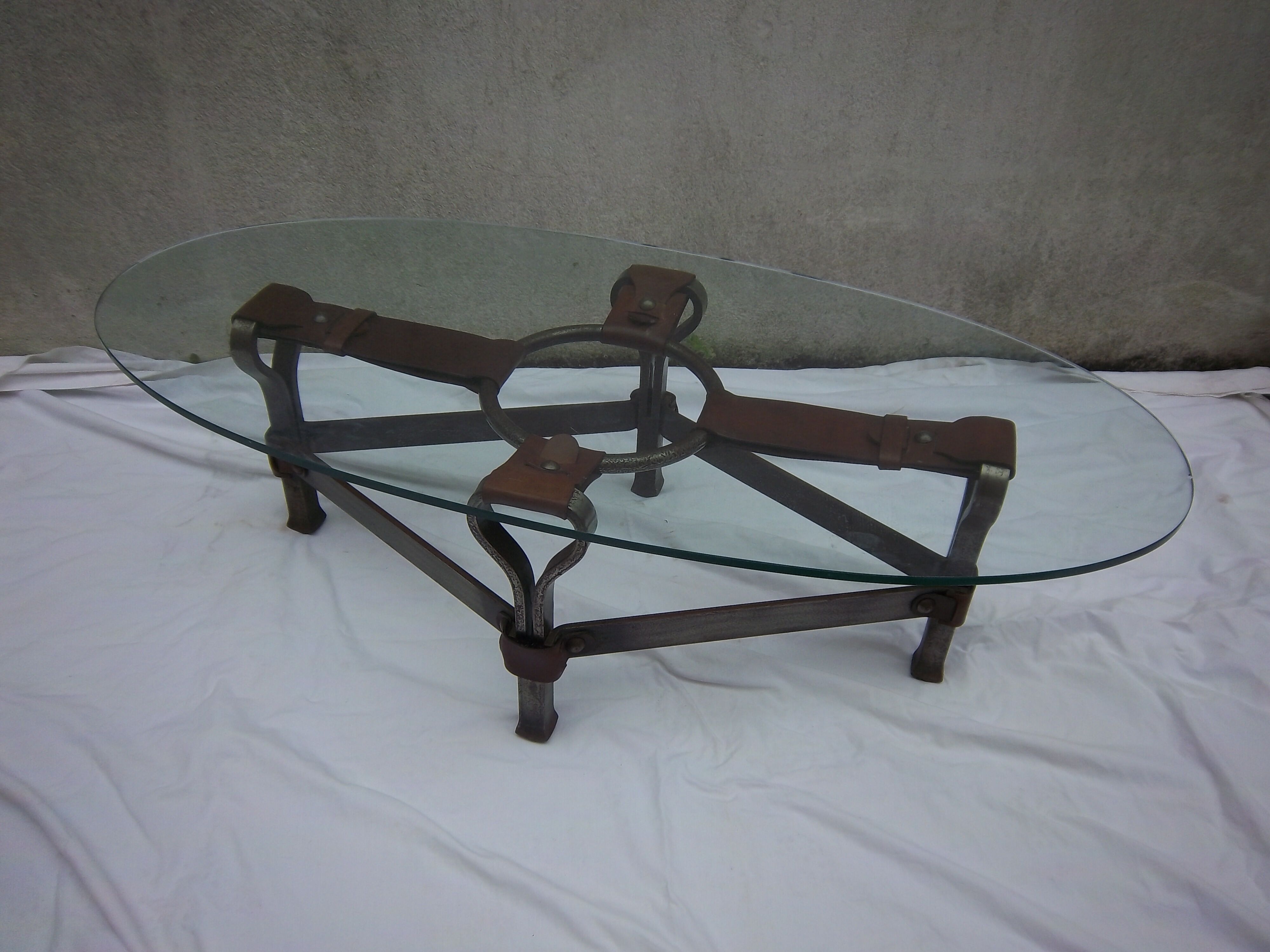 Year 1970 in wrought iron, leather and glass table