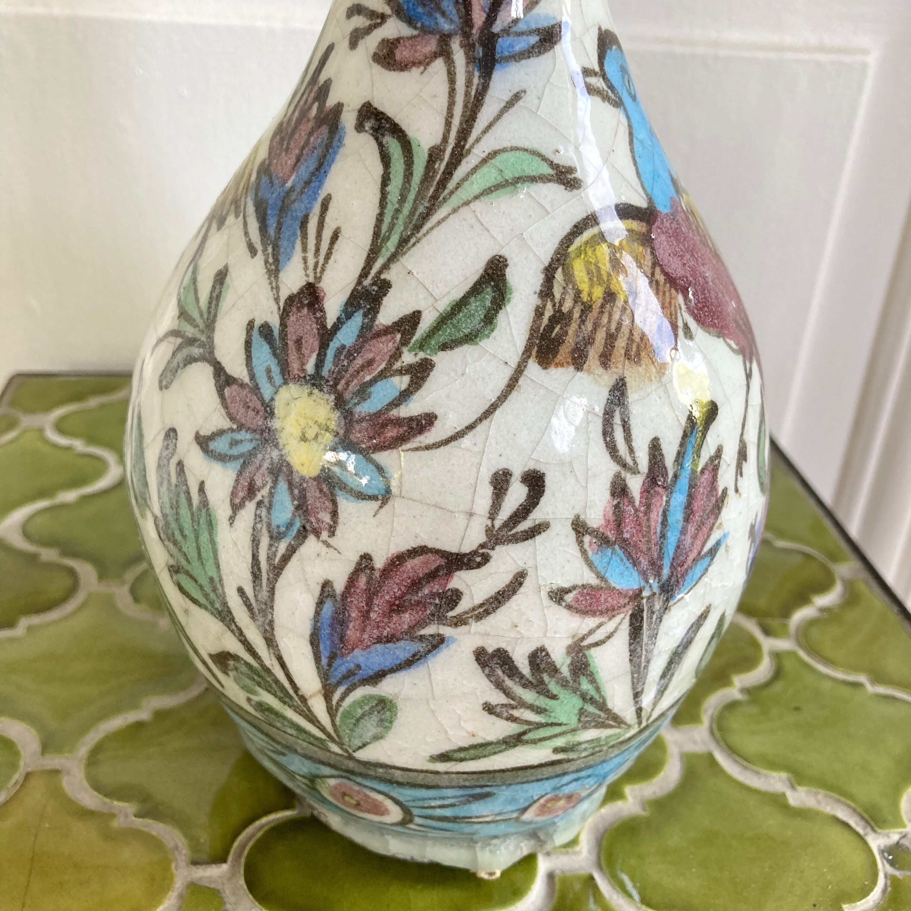 Vase céramique craquelée décor oiseaux