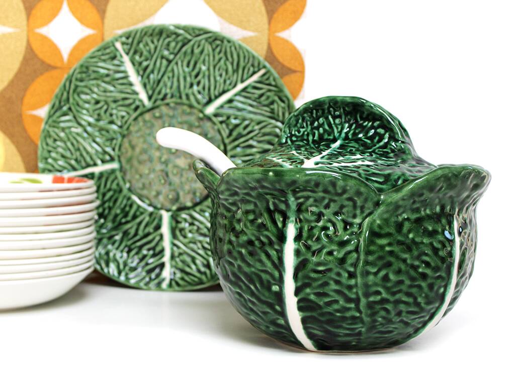 Soup tureen and green cabbage plate