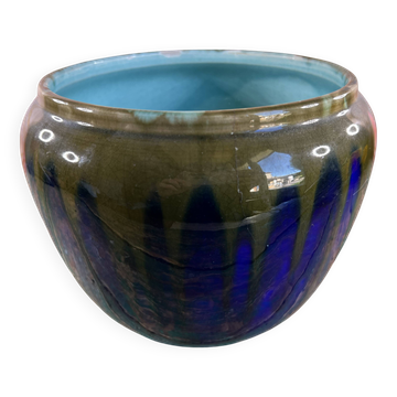 Ceramic planter signed Orchies – France, blue and green enamel