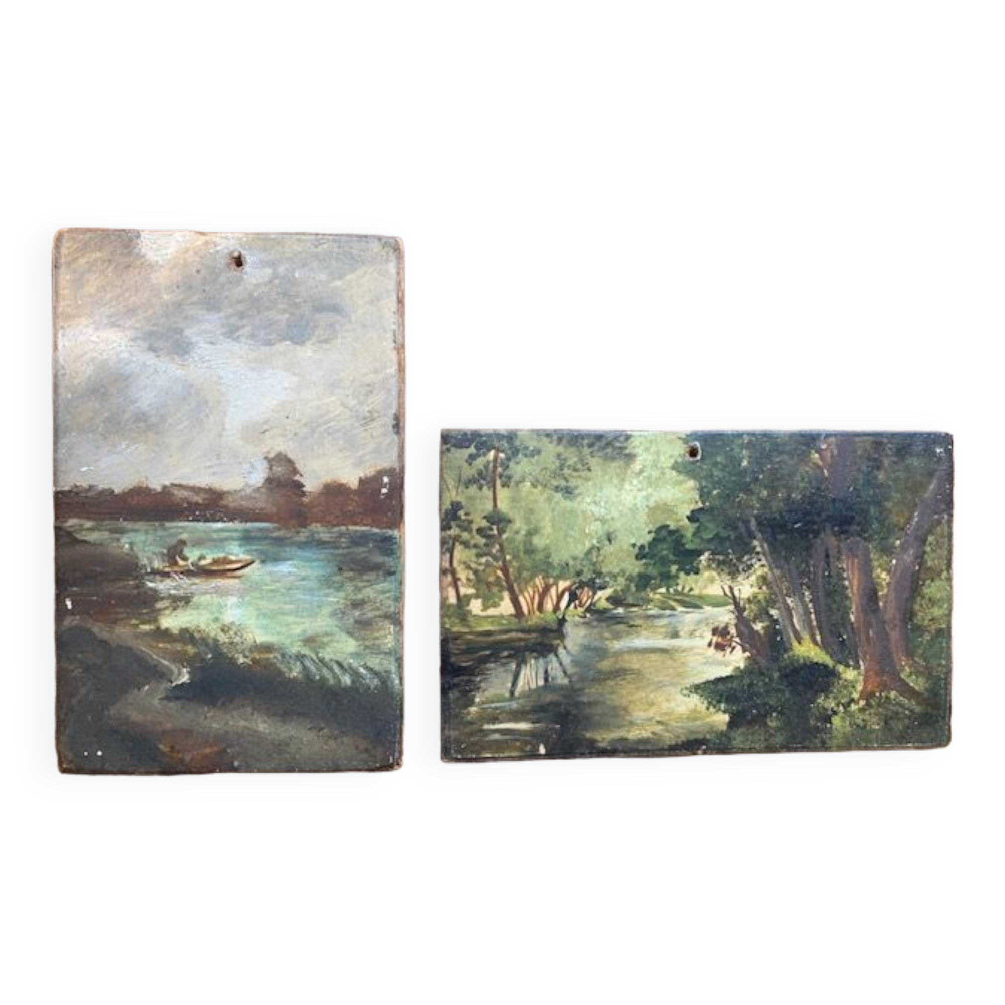 Pair of small old bucolic paintings, gouaches on wood, mid-twentieth, France