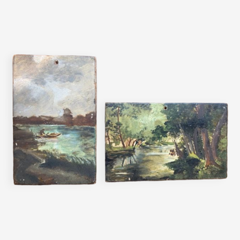 Pair of small old bucolic paintings, gouaches on wood, mid-twentieth, France