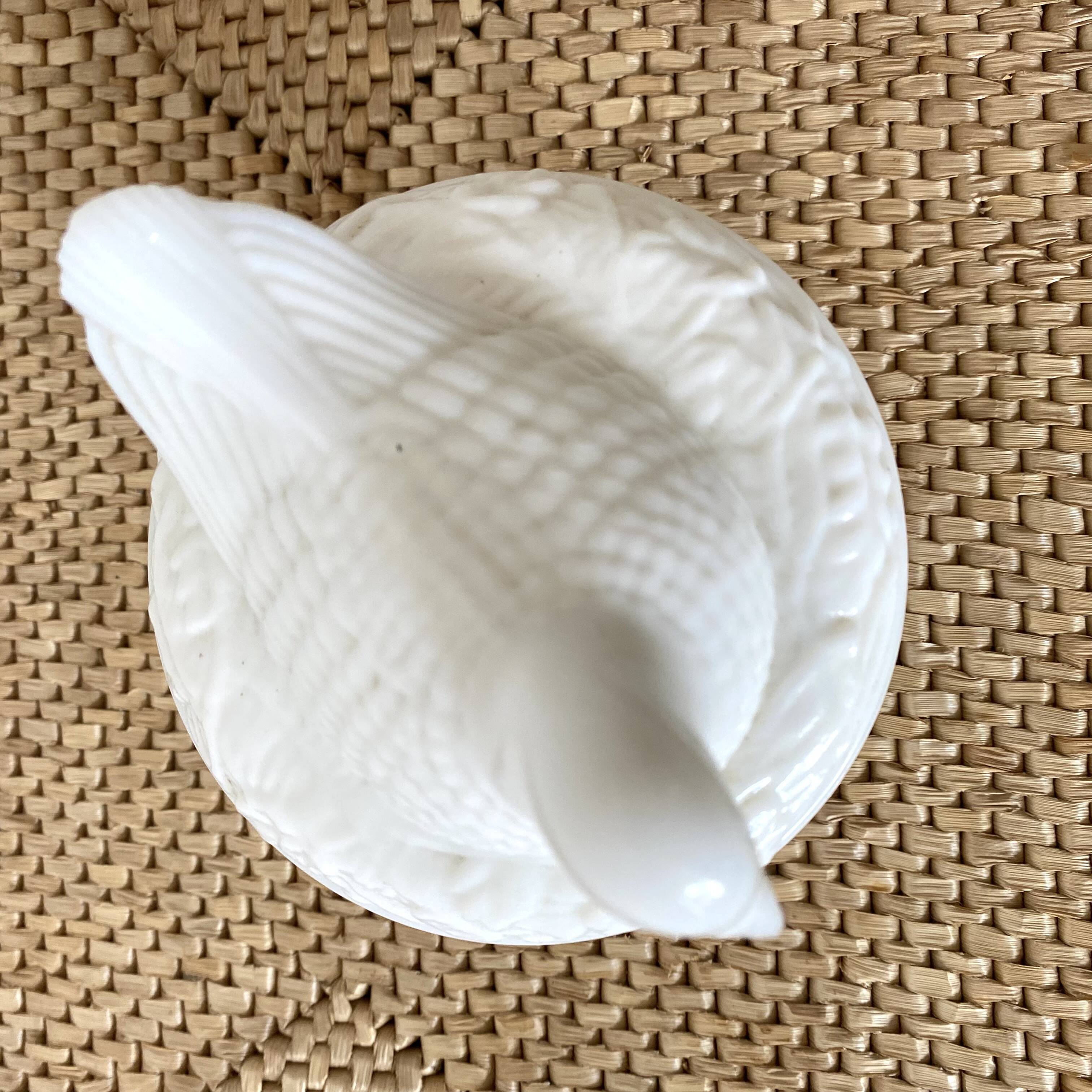 White opaline bird sugar bowl