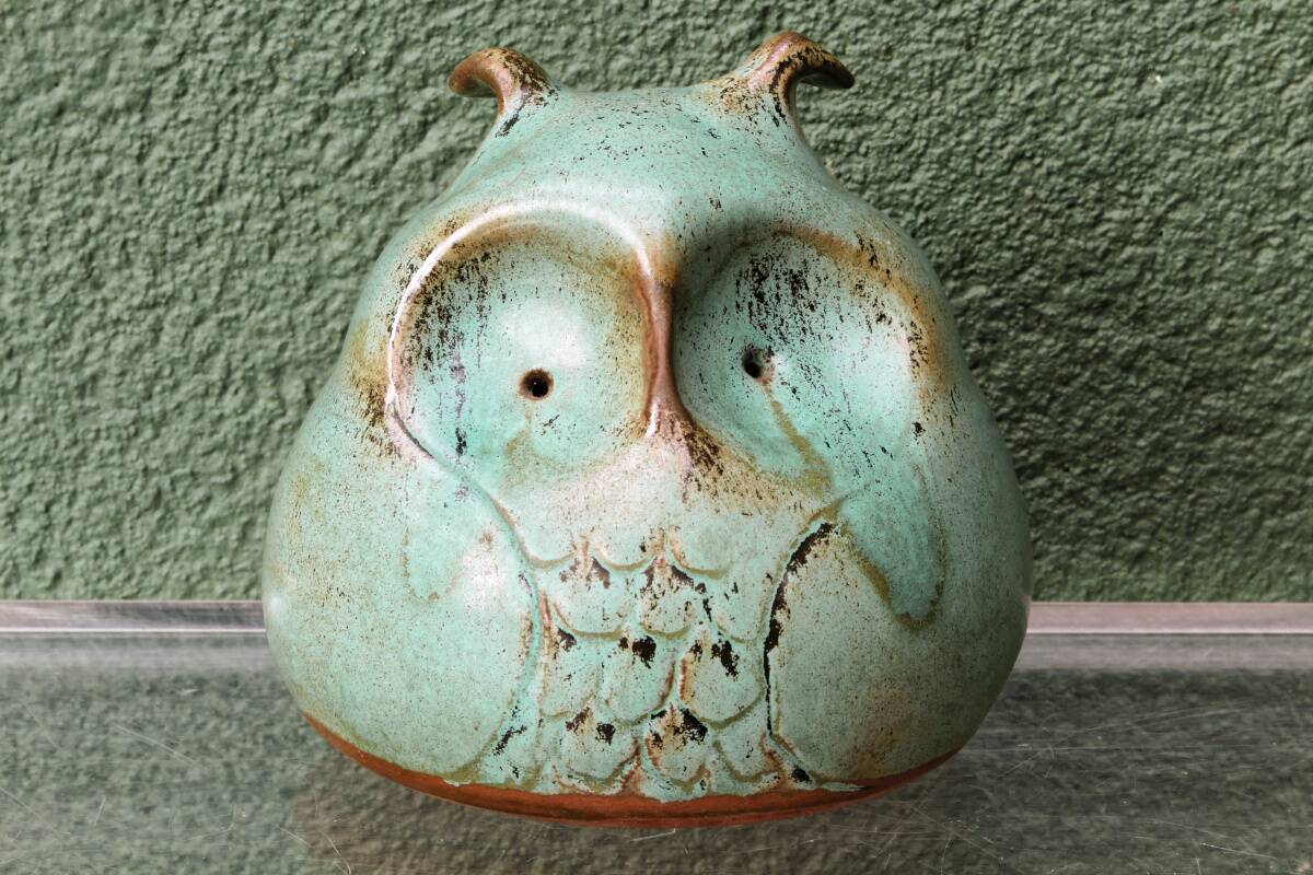 Glazed terracotta owl money box, signed.
