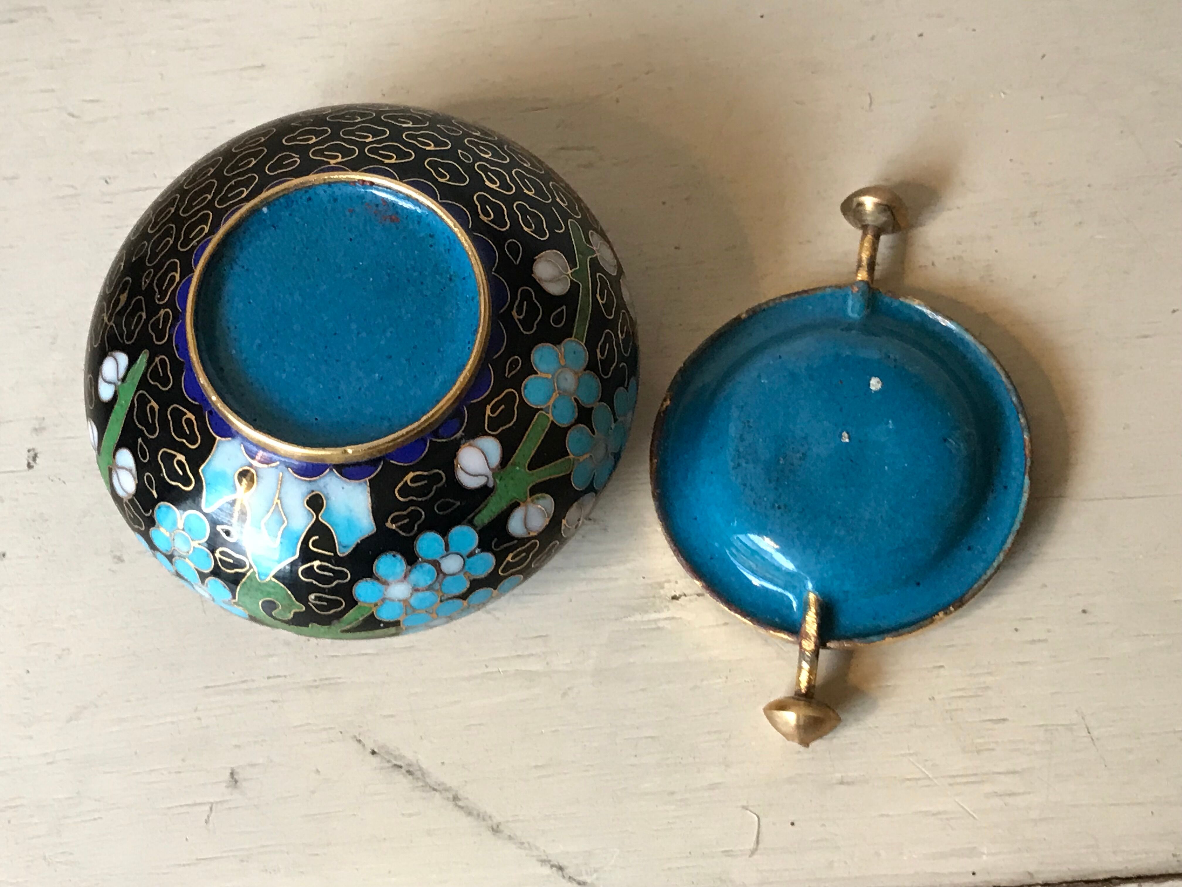 Ashtray burns incense in bronze enamelled floral decoration forget-me-not tones blue and black