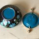 Ashtray burns incense in bronze enamelled floral decoration forget-me-not tones blue and black