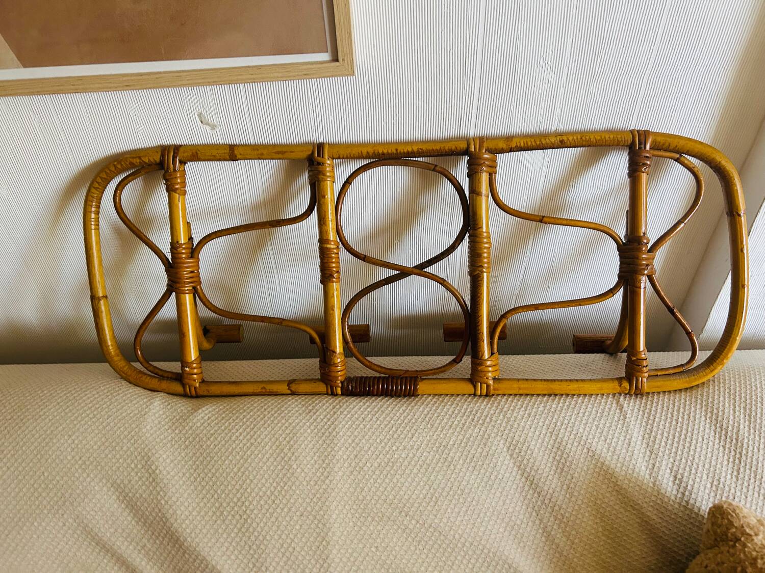 Vintage rattan wall-mounted coat rack