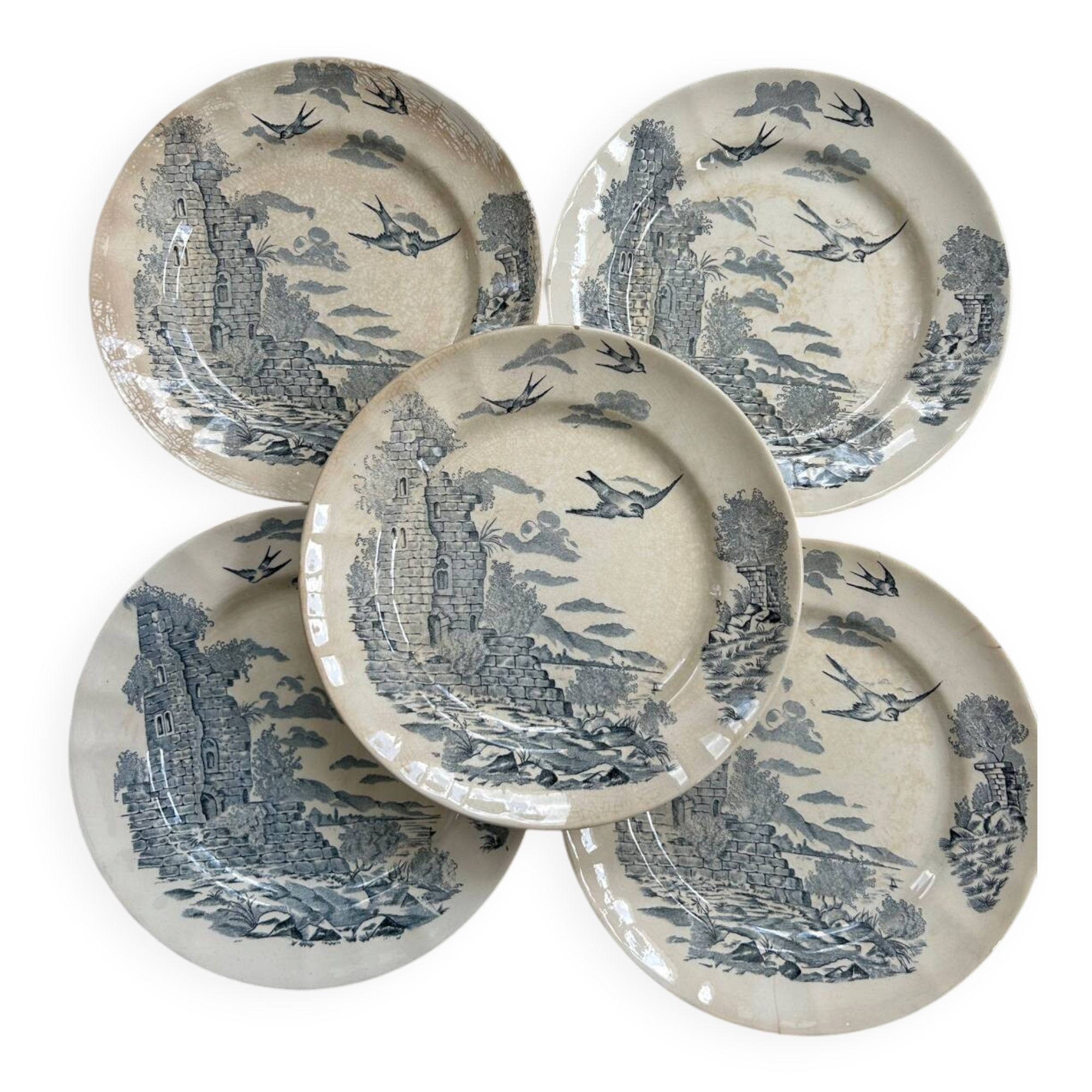 Set of 5 antique Longchamp Donjon ironstone plates.