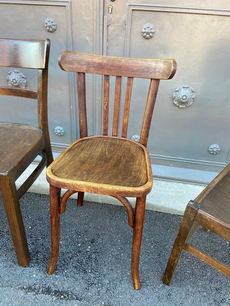 4 mismatched bistro chairs curved wood