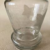 Small carafe in blown cut glass with engraved decoration of vine leaves and grapes, threaded stopper