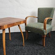 Halabala “Spider” coffee table and Hungarian late Art Deco armchairs, 1950s
