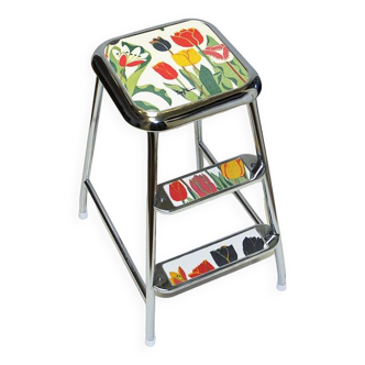 Swedish Step Stool with Flower decor and Chromed Steel by Awab 1950s