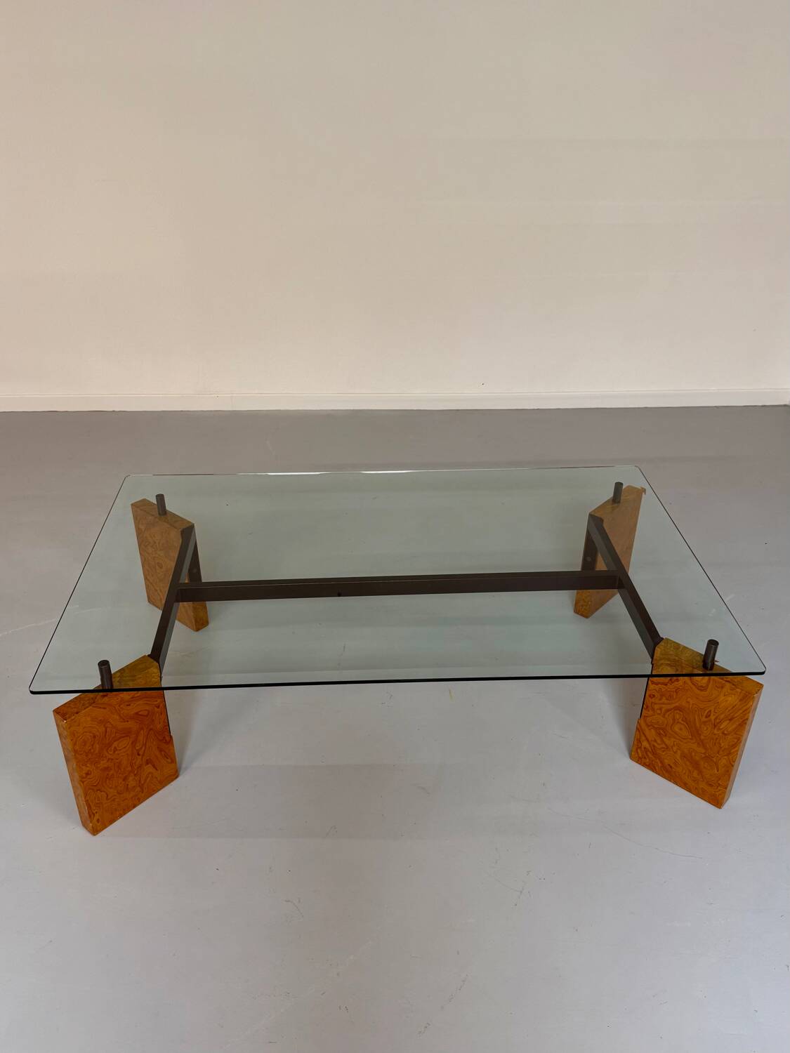 Old coffee table in glass and magnifying glass, French design Paul Michel, year 70