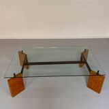 Old coffee table in glass and magnifying glass, French design Paul Michel, year 70