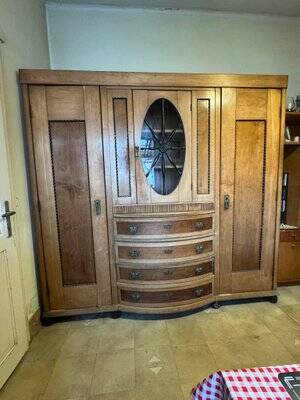 Art Deco Wooden Cabinet with Oval Glass Window and Drawers, 1930s