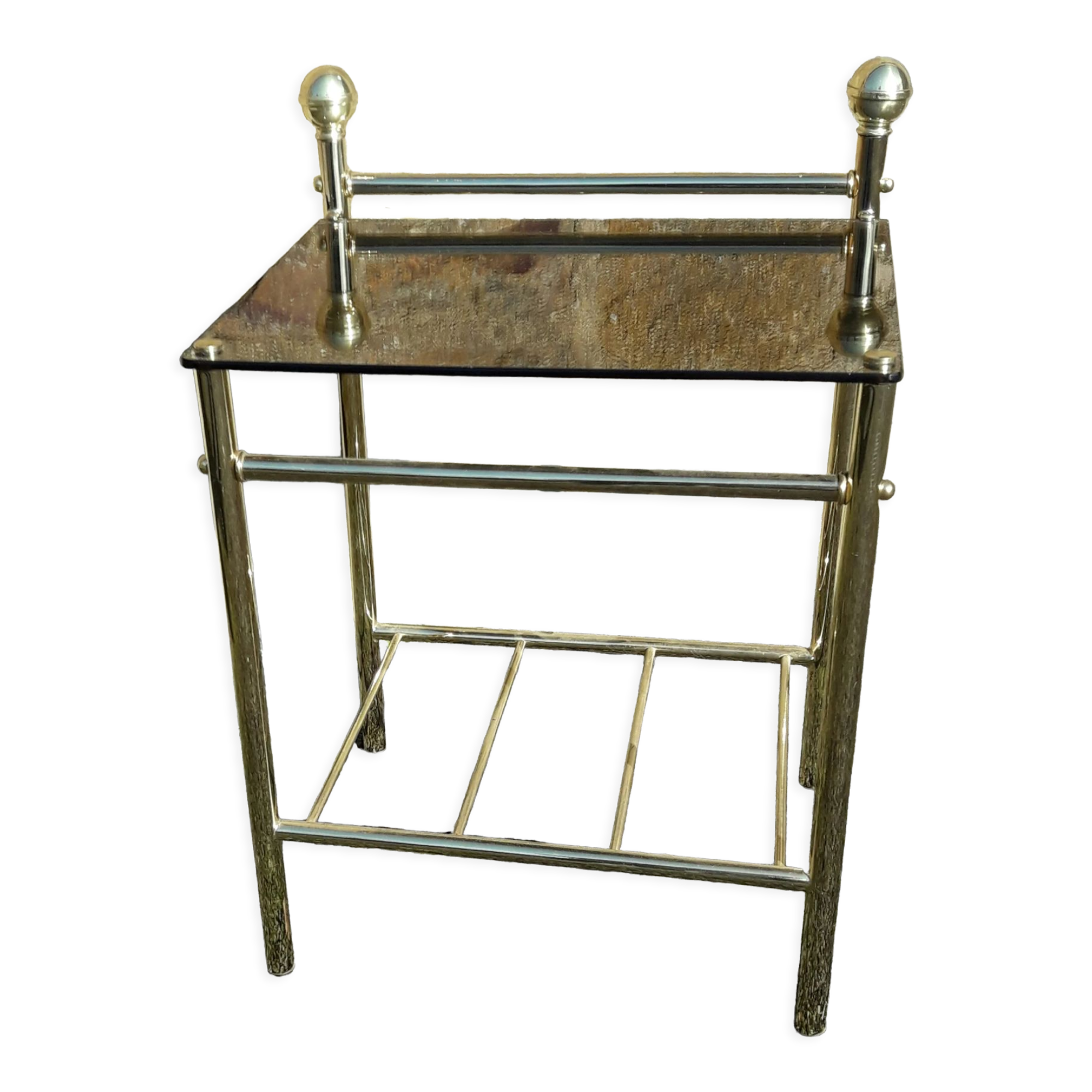 Bedside table or end table in mirrored glass and gold metal