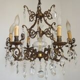 Magnificent French Antique Bronze Glass & Crystal 6 Light Cage Chandelier 4662