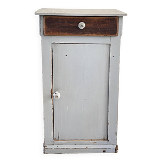 Meuble chevet ancien en bois gris patiné