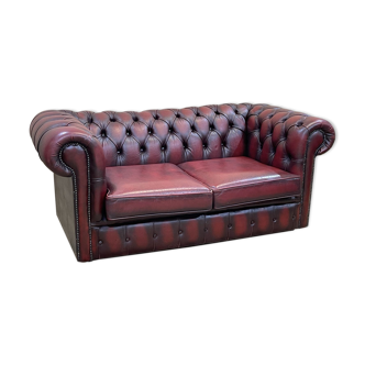 Canapé Chesterfield 2 places en cuir rouge des années 1980