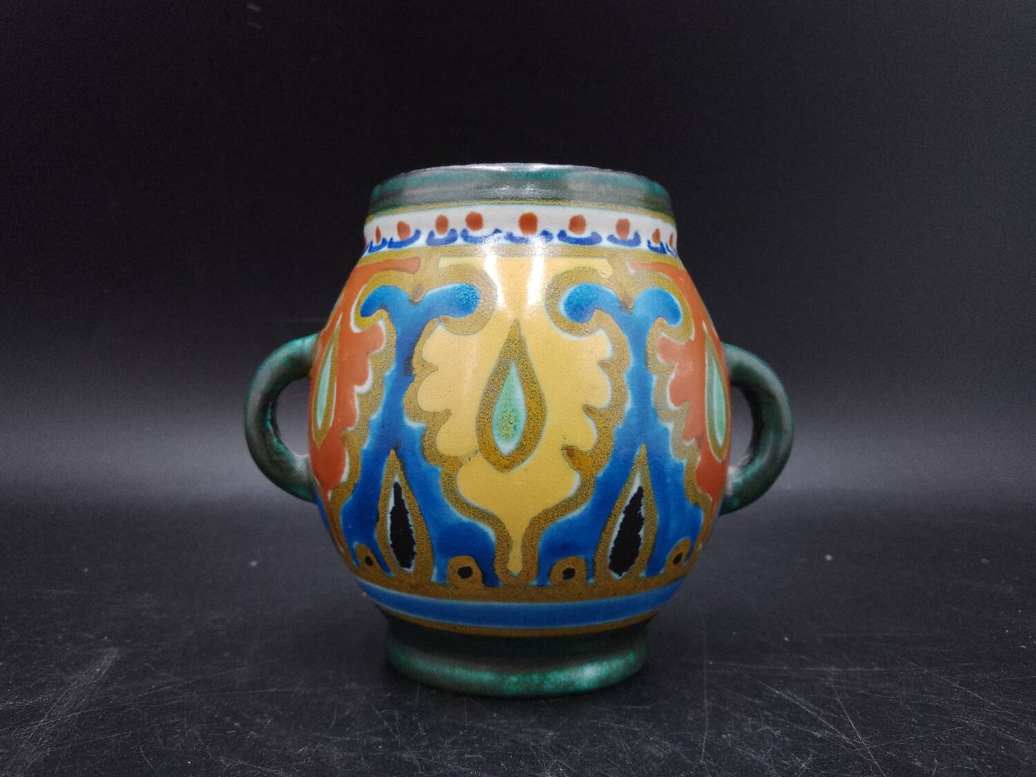 Small Vase with 2 handles with Ali decoration (1926) Emmy Gouda Holland Art Deco pottery