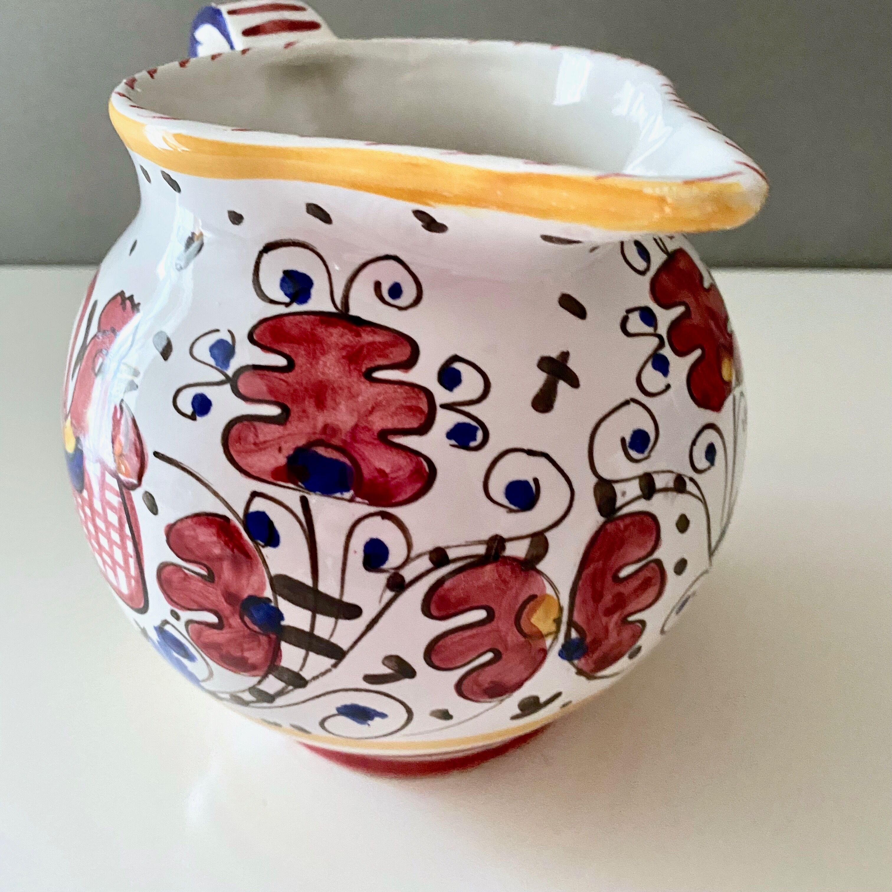 Vintage jug by Deruta Etrusca red rooster, Italy, majolica, ceramic hand painted