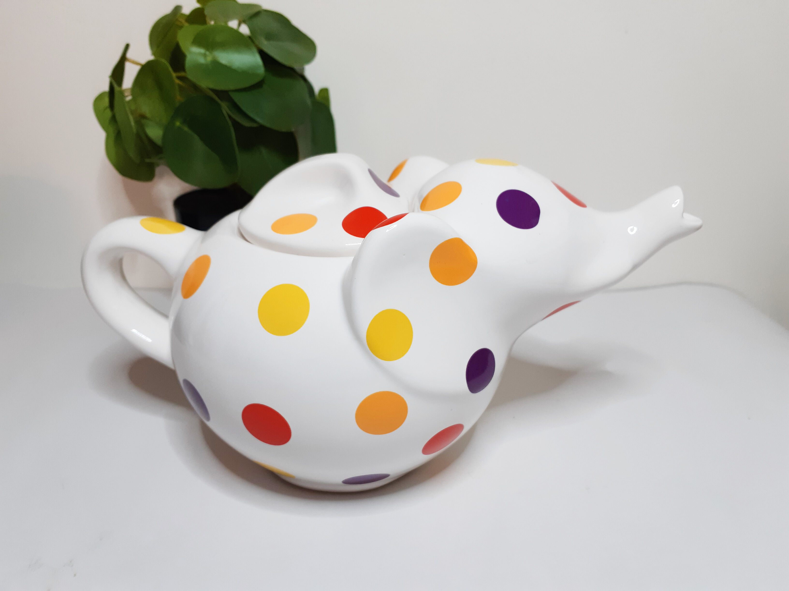White polka dot Elephant teapot, vintage French