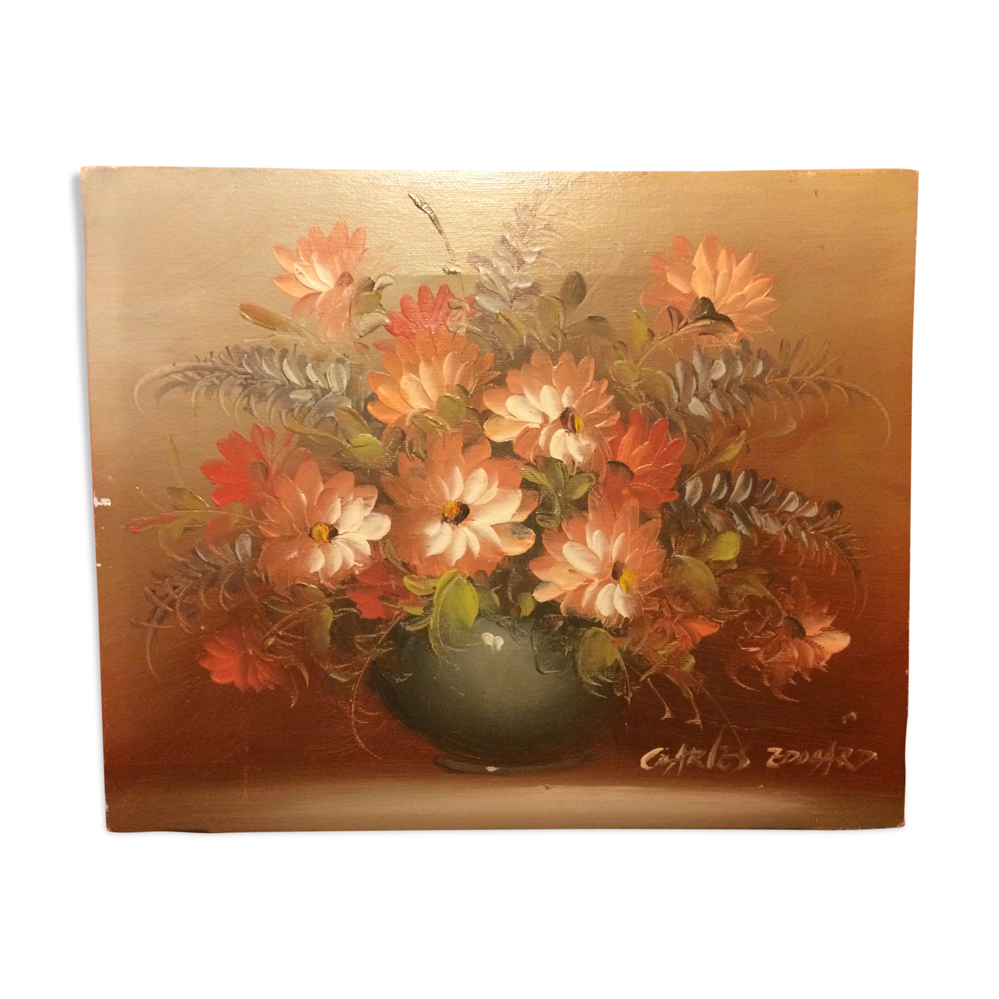 Ancient oil painting Charles Edouard vintage flower bouquet