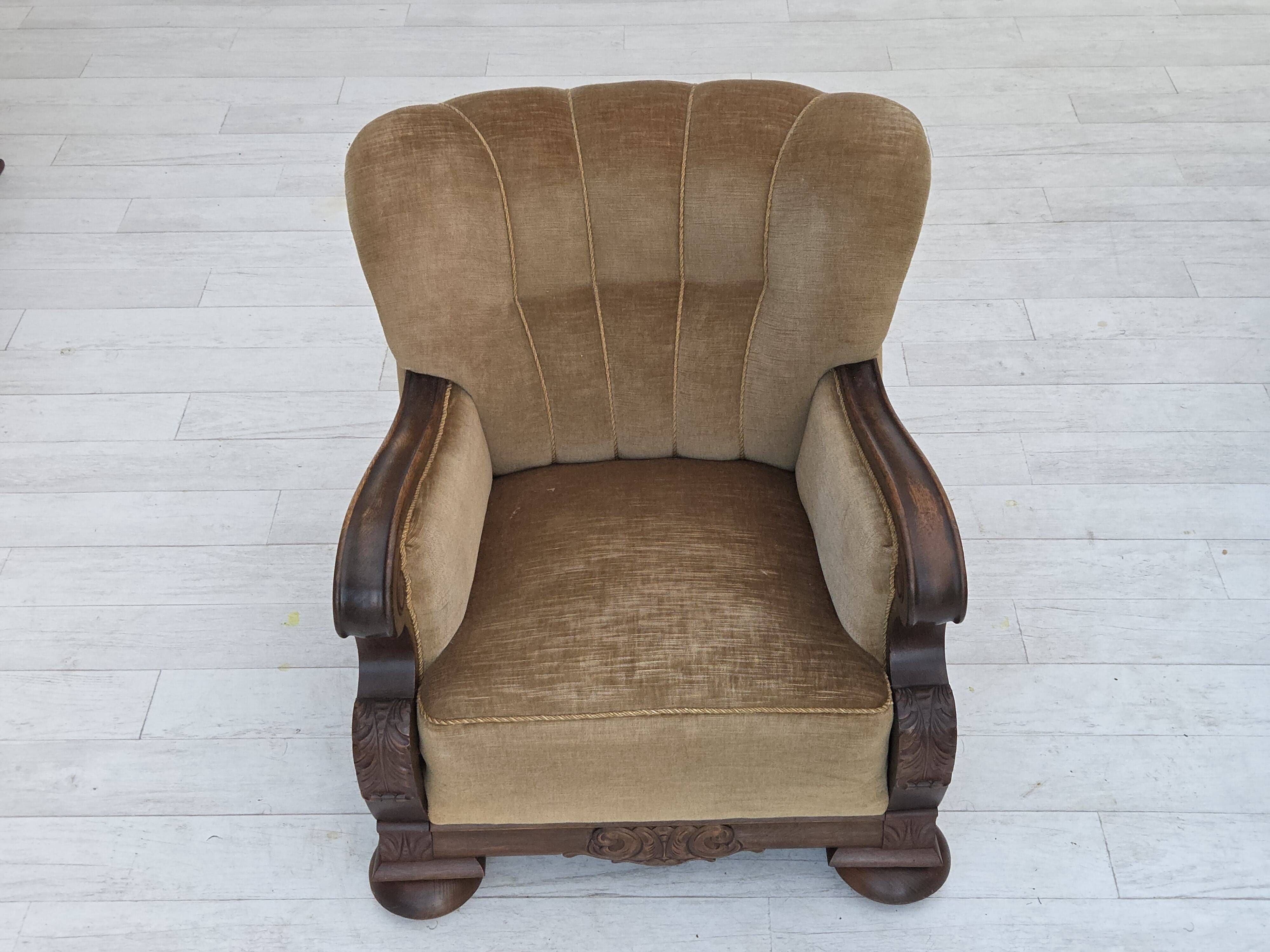 1960s, Danish armchair, original green furniture velour, carved oak wood.